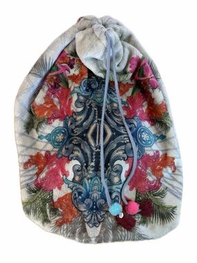 Johnny Was Cozy Blanket Storage Bag Drawstring Boho Baroque Floral Pom 19x15”